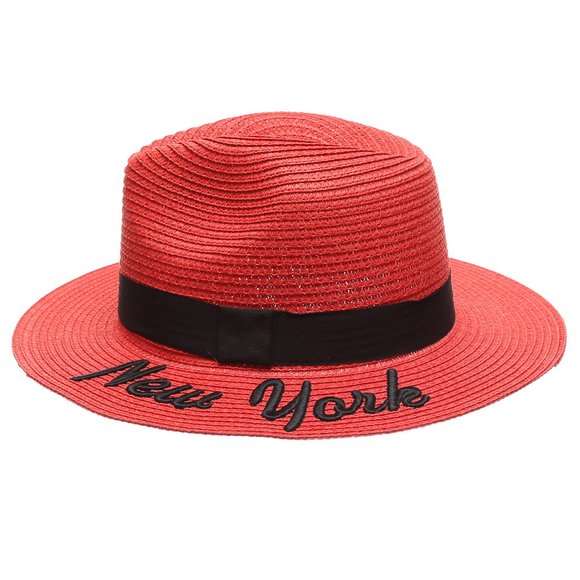 NewYork Embroidered Summer Straw Beach Hat - Red - Picture 3 of 6
